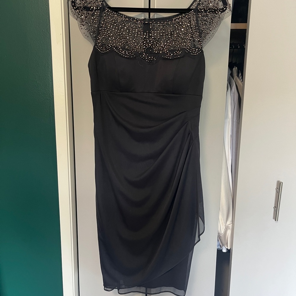 Le Chateau Gray Asymmetrical Sheath Dress with Flutter Cap Sleeves